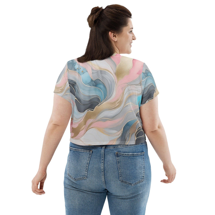 Womens Stretch Fit Crop Tee T-shirt Jersey - Marble Cloud of Grey Pink Blue 3