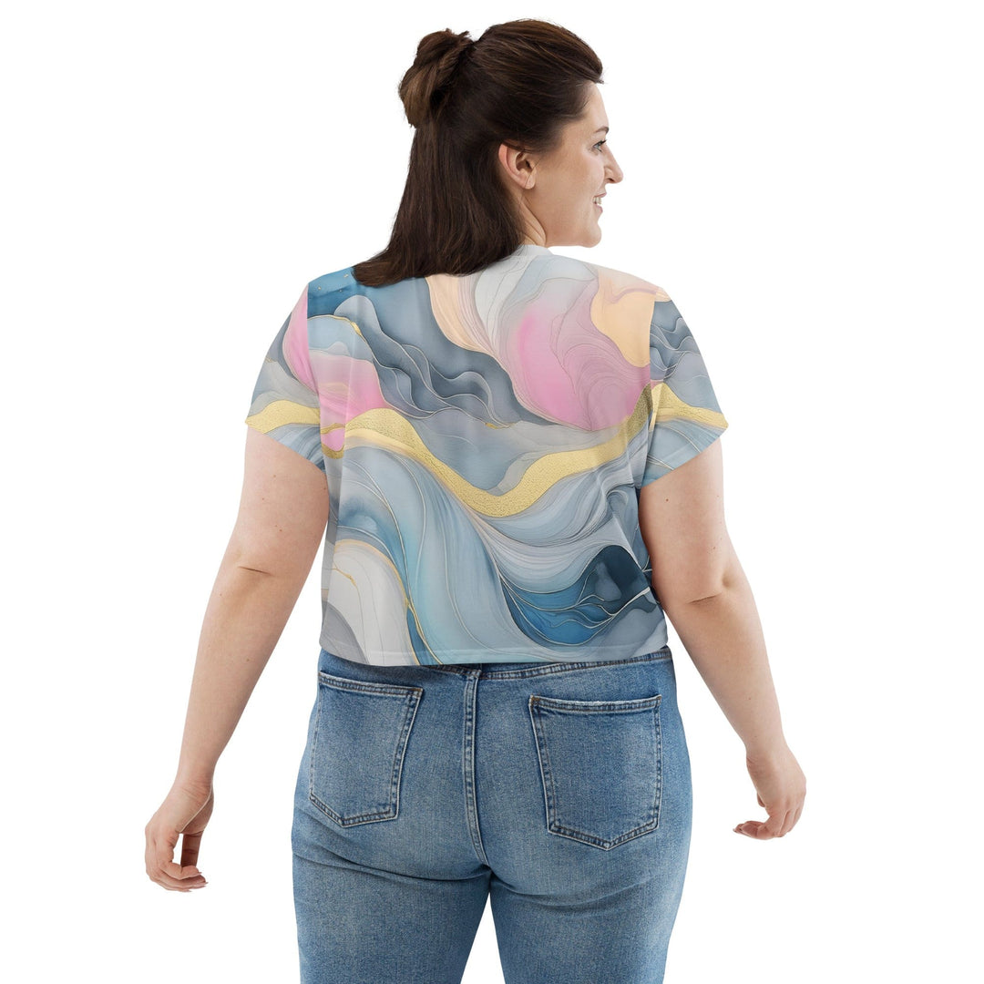 Womens Stretch Fit Crop Tee T-shirt Jersey - Marble Cloud of Grey Pink Blue