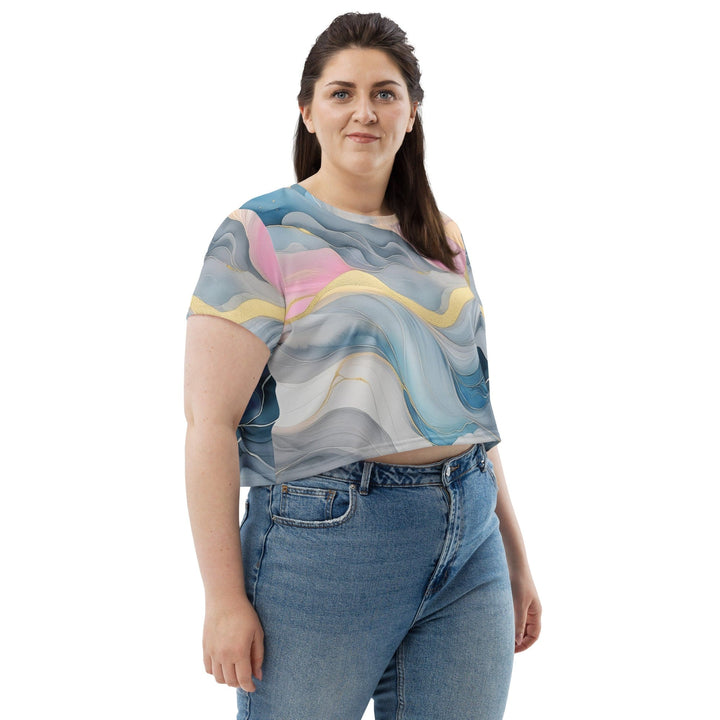 Womens Stretch Fit Crop Tee T-shirt Jersey - Marble Cloud of Grey Pink Blue