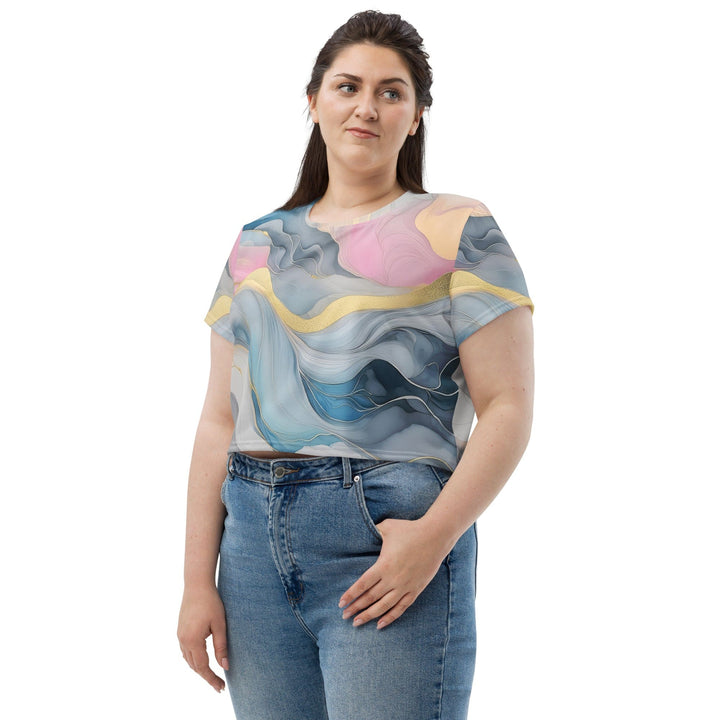 Womens Stretch Fit Crop Tee T-shirt Jersey - Marble Cloud of Grey Pink Blue