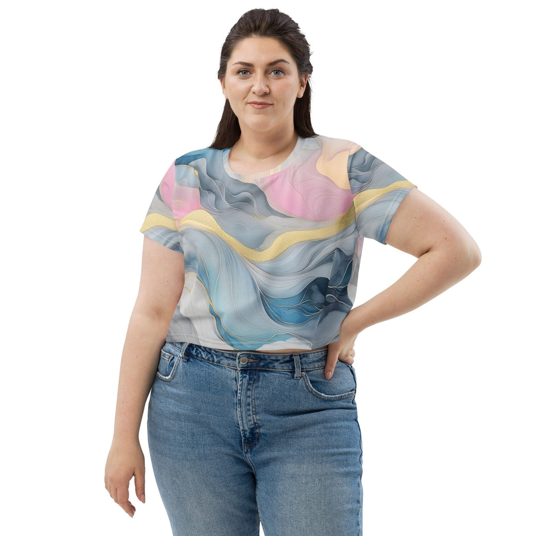 Womens Stretch Fit Crop Tee T-shirt Jersey - Marble Cloud of Grey Pink Blue