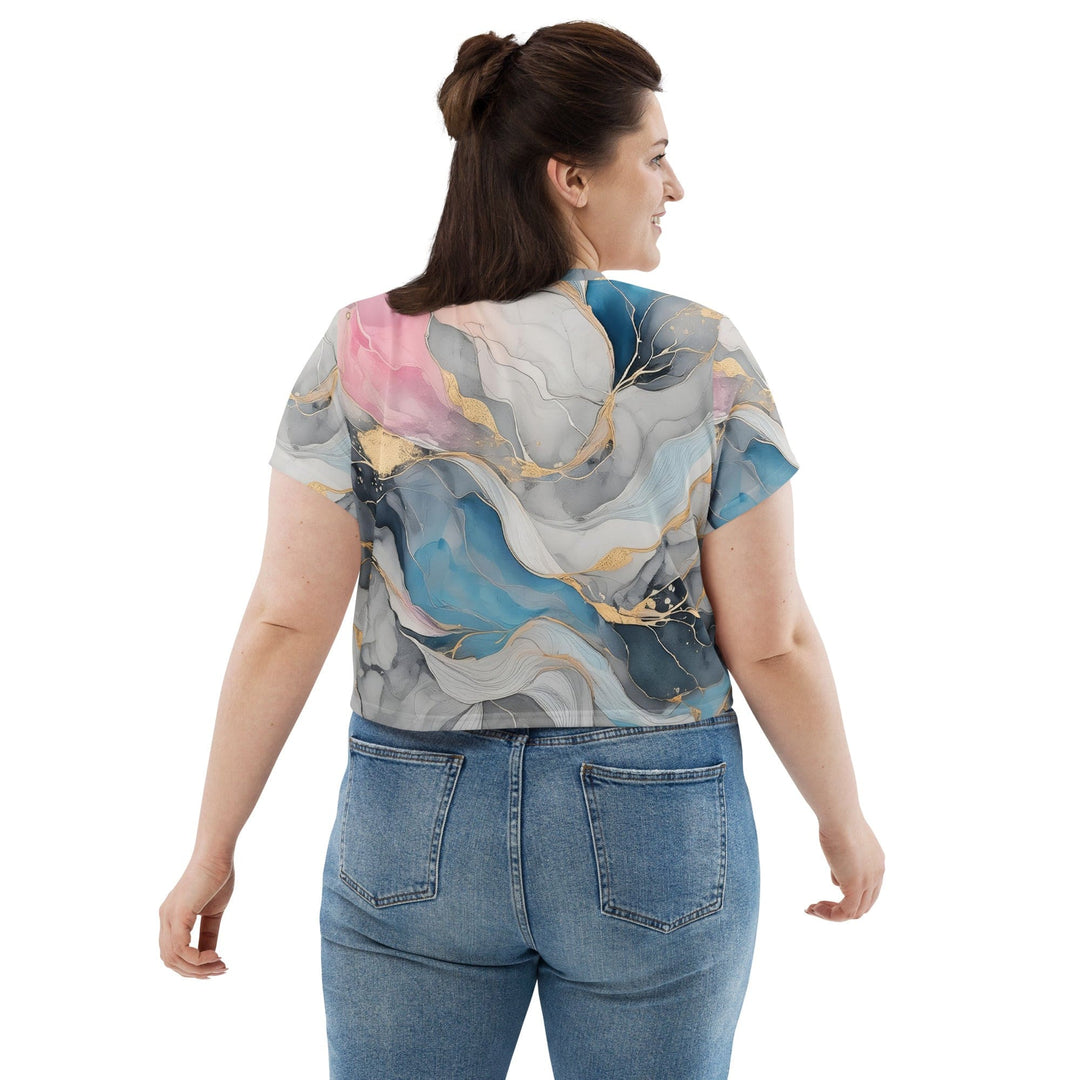 Womens Stretch Fit Crop Tee T-shirt Jersey - Marble Cloud of Grey Pink Blue