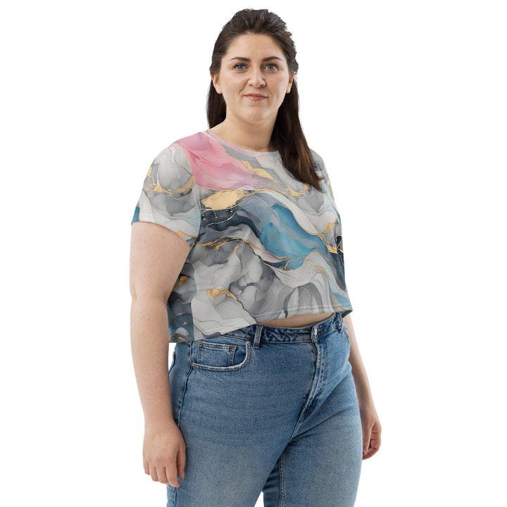 Womens Stretch Fit Crop Tee T-shirt Jersey - Marble Cloud of Grey Pink Blue