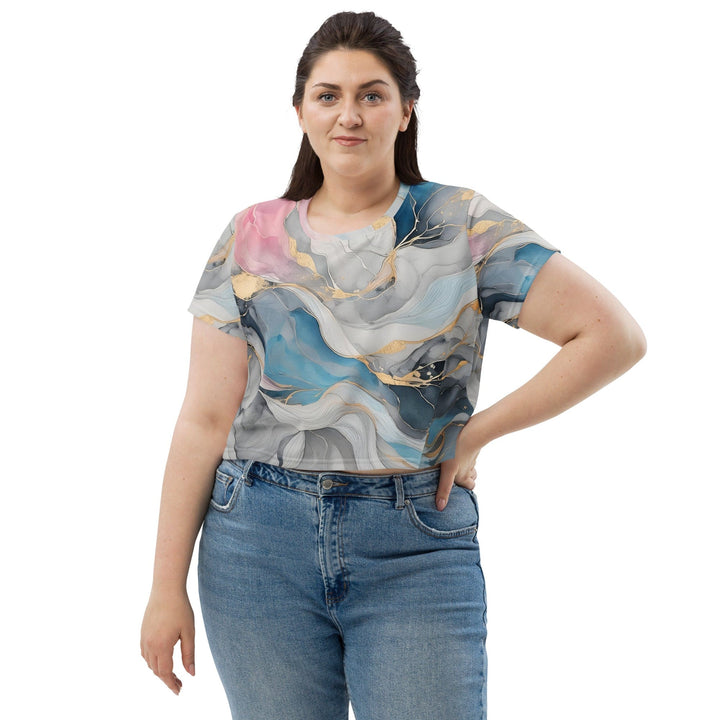 Womens Stretch Fit Crop Tee T-shirt Jersey - Marble Cloud of Grey Pink Blue