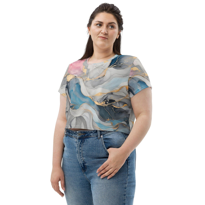 Womens Stretch Fit Crop Tee T-shirt Jersey - Marble Cloud of Grey Pink Blue