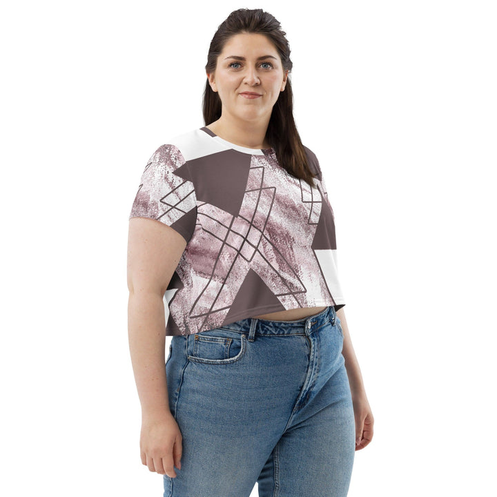 Womens Stretch Fit Crop Tee T-shirt Jersey - Mauve Rose and White Triangular