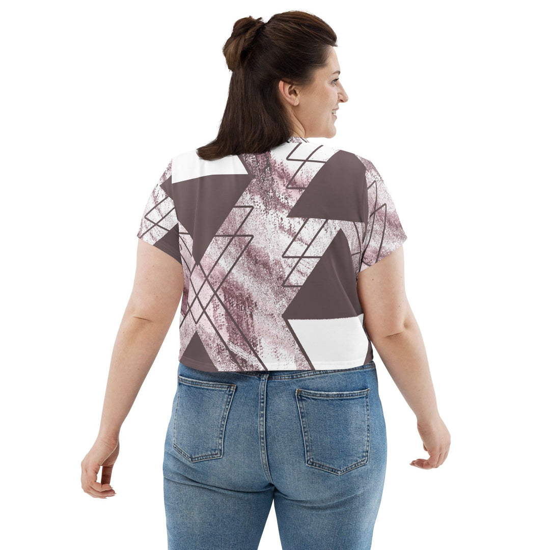 Womens Stretch Fit Crop Tee T-shirt Jersey - Mauve Rose and White Triangular