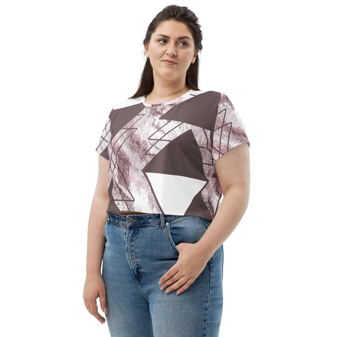 Womens Stretch Fit Crop Tee T-shirt Jersey - Mauve Rose and White Triangular