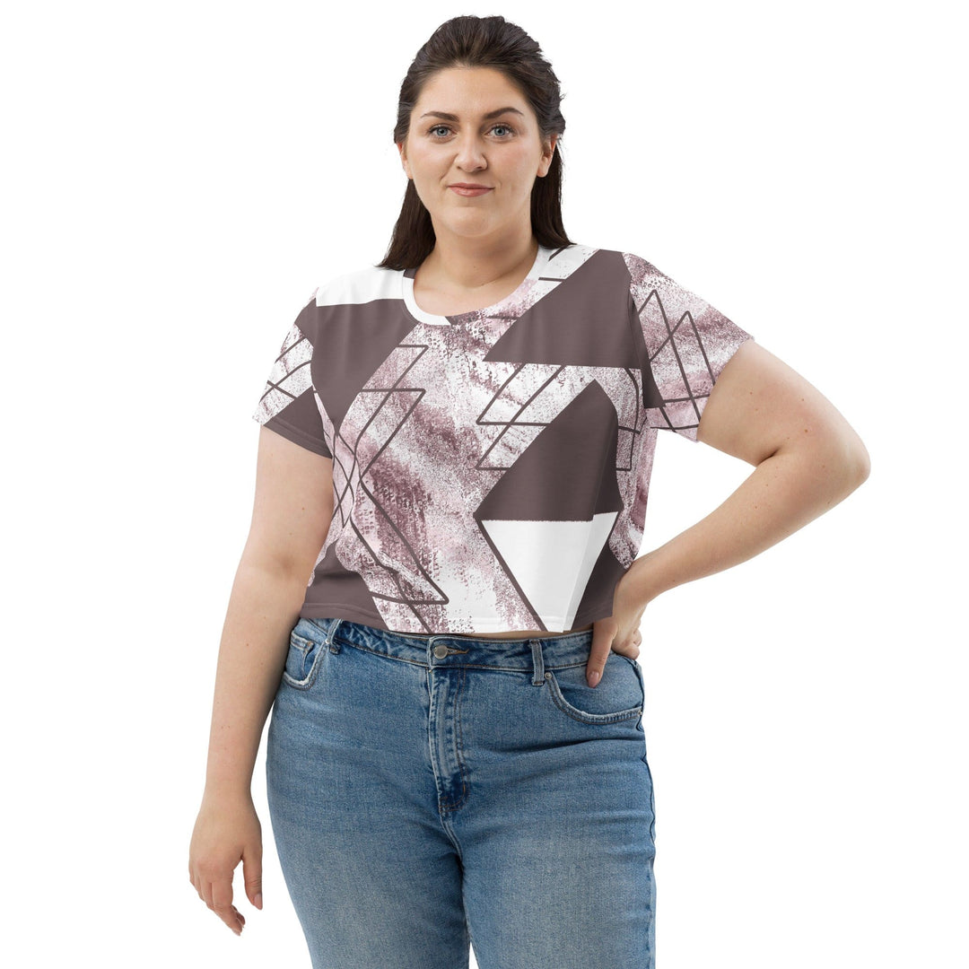 Womens Stretch Fit Crop Tee T-shirt Jersey - Mauve Rose and White Triangular