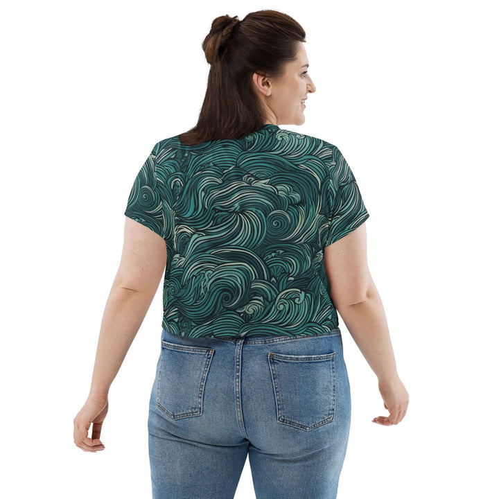 Womens Stretch Fit Crop Tee T-shirt Jersey - Mint Green Water Wave Print