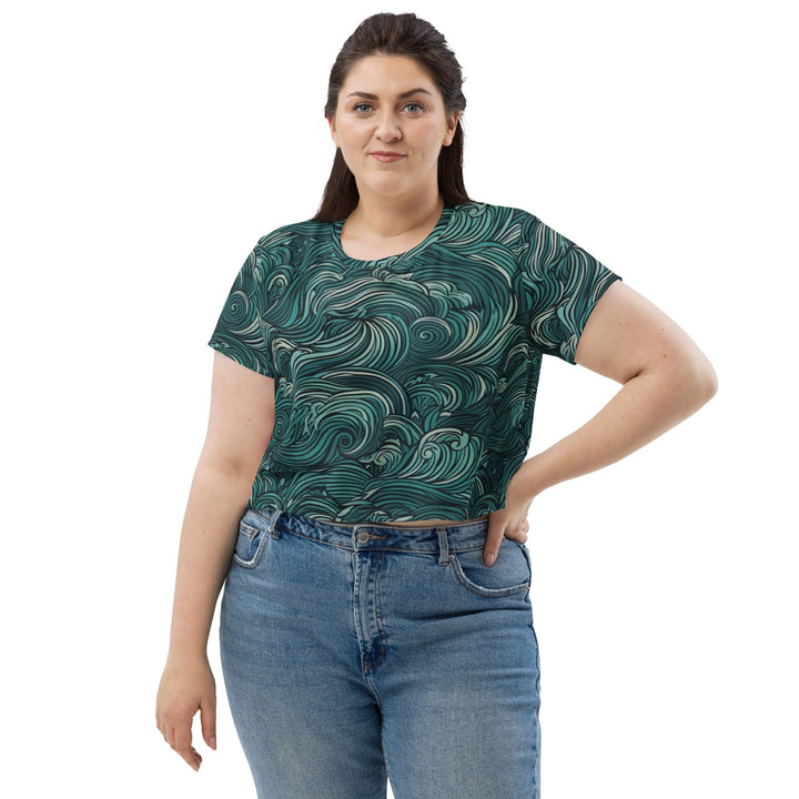 Womens Stretch Fit Crop Tee T-shirt Jersey - Mint Green Water Wave Print