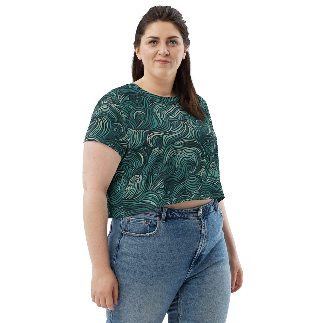 Womens Stretch Fit Crop Tee T-shirt Jersey - Mint Green Water Wave Print
