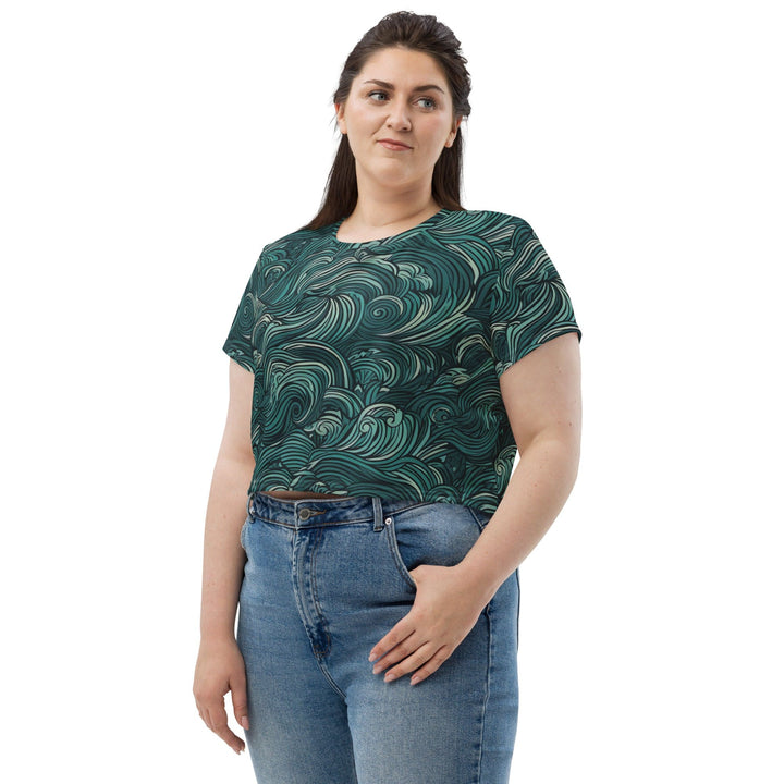 Womens Stretch Fit Crop Tee T-shirt Jersey - Mint Green Water Wave Print