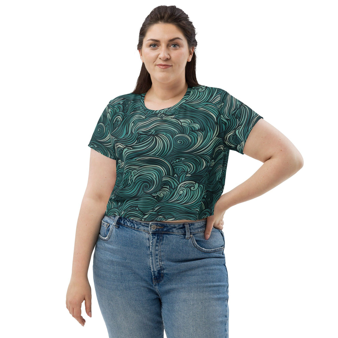 Womens Stretch Fit Crop Tee T-shirt Jersey - Mint Green Water Wave Print