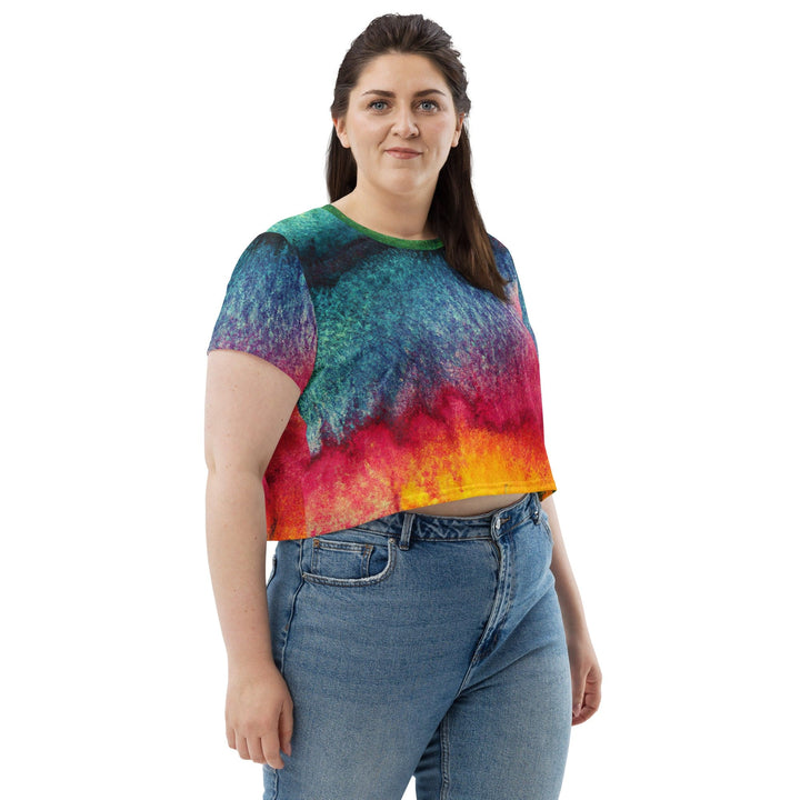 Womens Stretch Fit Crop Tee T-shirt Jersey - Multicolor Abstract Pattern