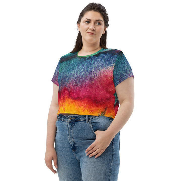 Womens Stretch Fit Crop Tee T-shirt Jersey - Multicolor Abstract Pattern