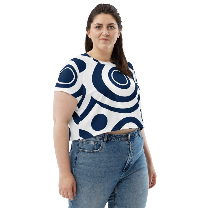 Womens Stretch Fit Crop Tee T-shirt Jersey - Navy Blue and White Circular