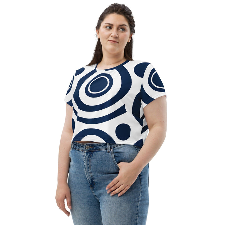 Womens Stretch Fit Crop Tee T-shirt Jersey - Navy Blue and White Circular