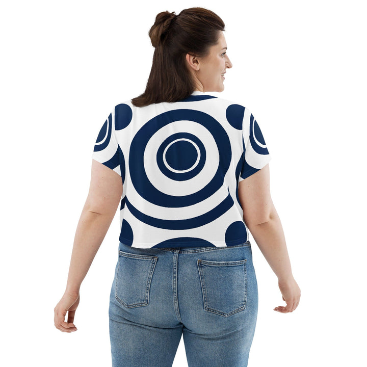 Womens Stretch Fit Crop Tee T-shirt Jersey - Navy Blue and White Circular
