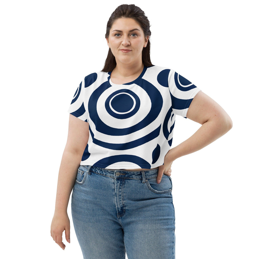 Womens Stretch Fit Crop Tee T-shirt Jersey - Navy Blue and White Circular