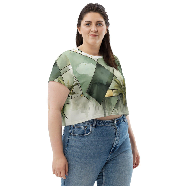 Womens Stretch Fit Crop Tee T-shirt Jersey - Olive Green Mint Leaf Geometric