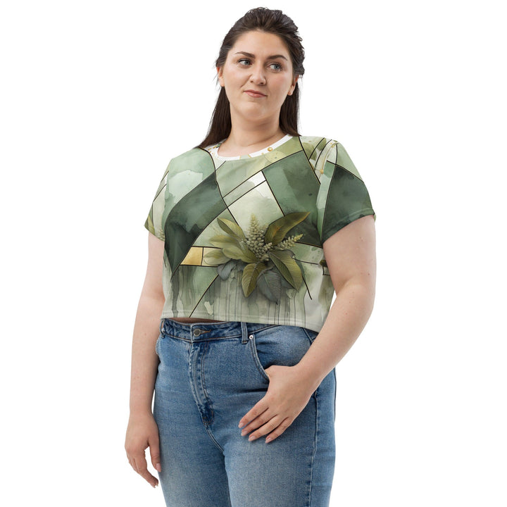 Womens Stretch Fit Crop Tee T-shirt Jersey - Olive Green Mint Leaf Geometric