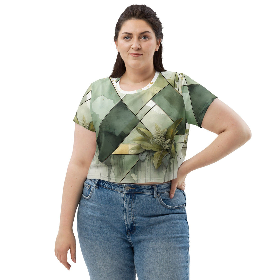 Womens Stretch Fit Crop Tee T-shirt Jersey - Olive Green Mint Leaf Geometric