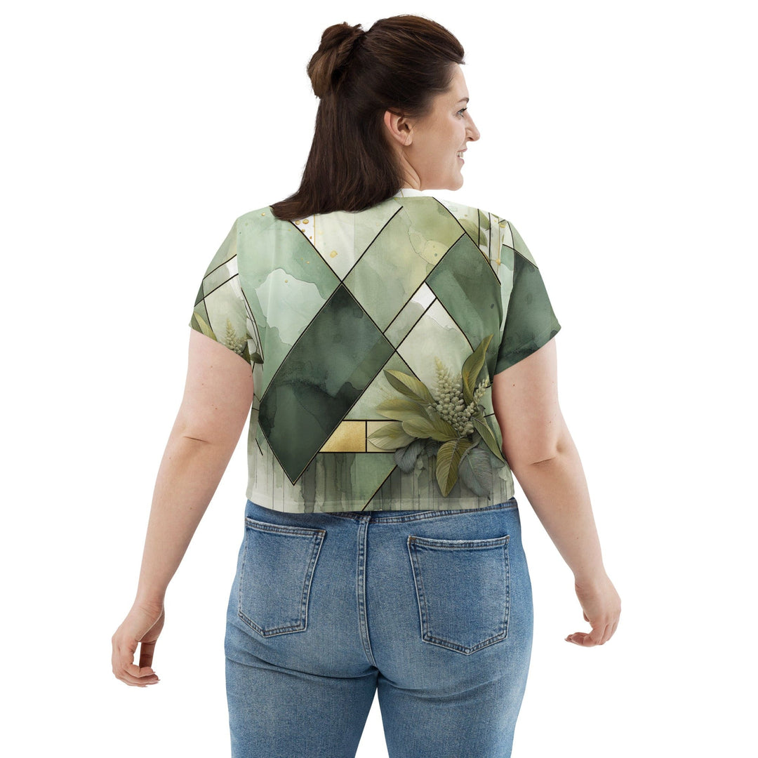 Womens Stretch Fit Crop Tee T-shirt Jersey - Olive Green Mint Leaf Geometric