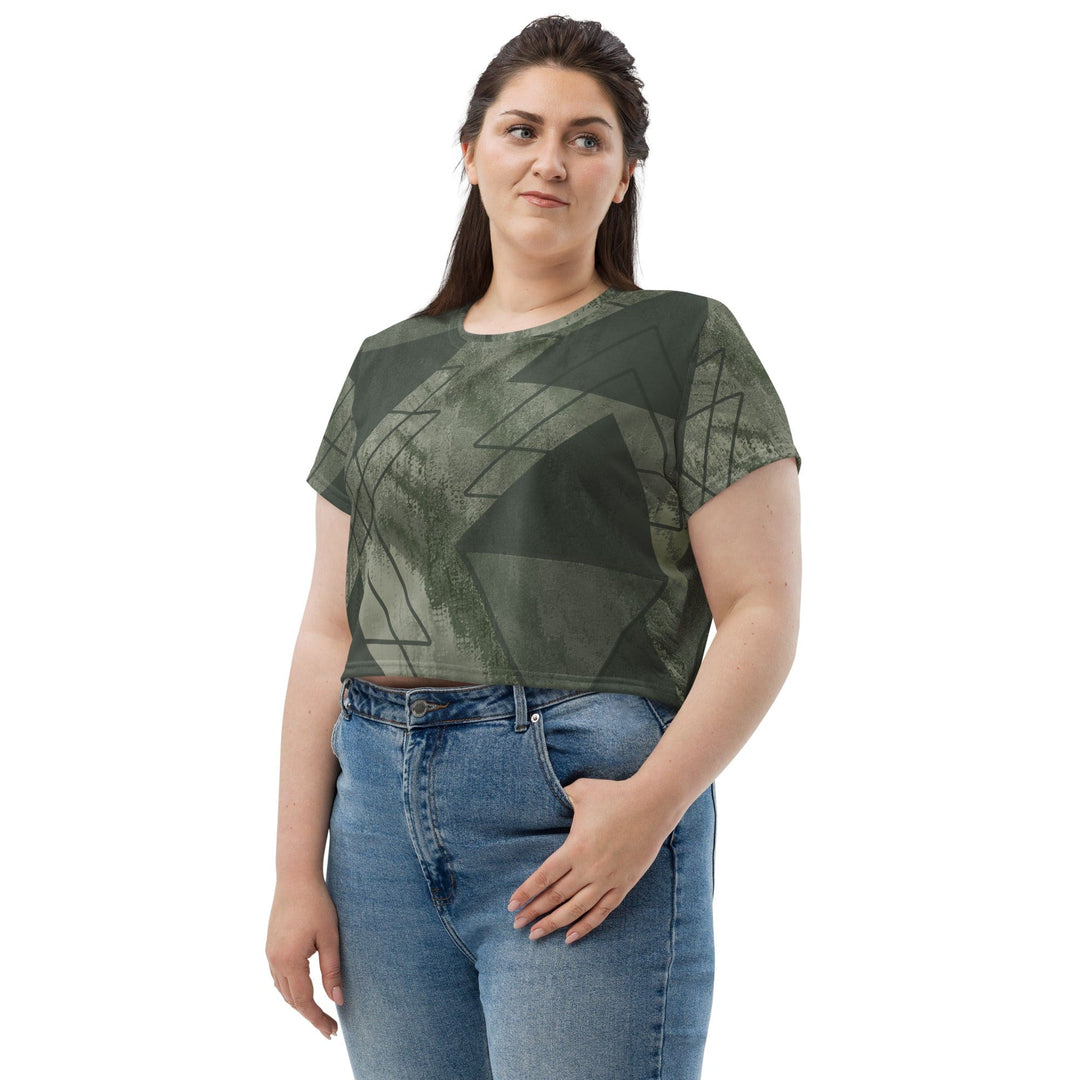 Womens Stretch Fit Crop Tee T-shirt Jersey - Olive Green Triangular Colorblock