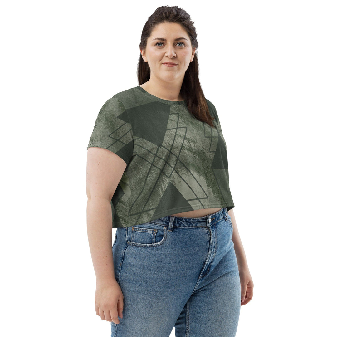Womens Stretch Fit Crop Tee T-shirt Jersey - Olive Green Triangular Colorblock