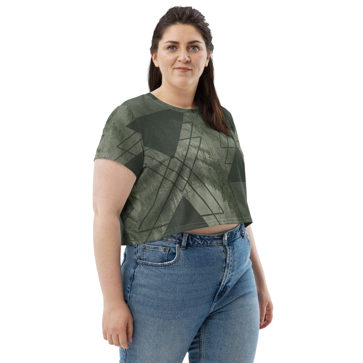 Womens Stretch Fit Crop Tee T-shirt Jersey - Olive Green Triangular Colorblock