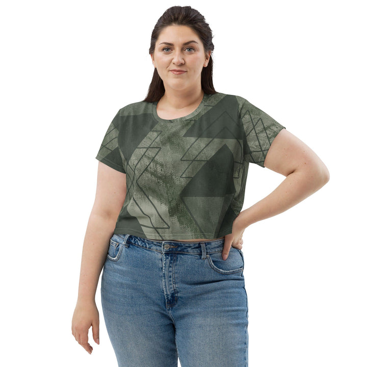 Womens Stretch Fit Crop Tee T-shirt Jersey - Olive Green Triangular Colorblock