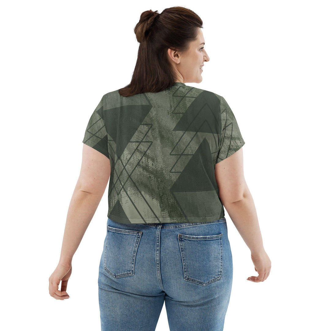 Womens Stretch Fit Crop Tee T-shirt Jersey - Olive Green Triangular Colorblock