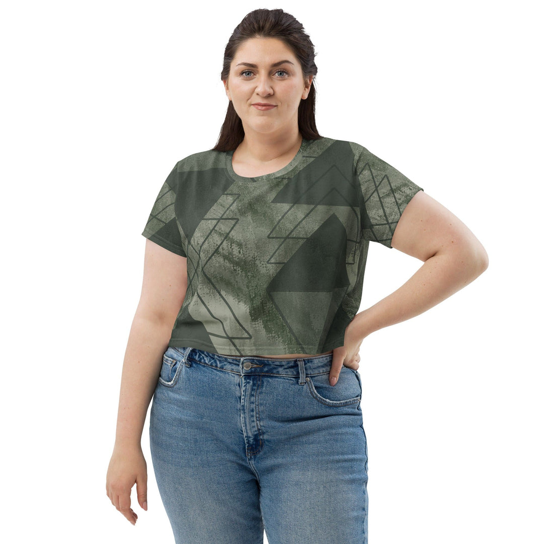 Womens Stretch Fit Crop Tee T-shirt Jersey - Olive Green Triangular Colorblock