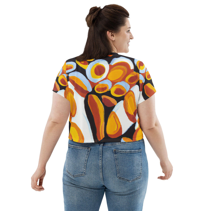 Womens Stretch Fit Crop Tee T-shirt Jersey - Orange Black White Geometric