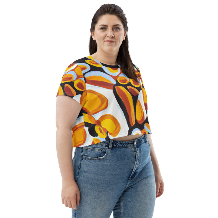 Womens Stretch Fit Crop Tee T-shirt Jersey - Orange Black White Geometric