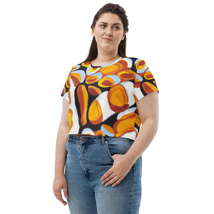 Womens Stretch Fit Crop Tee T-shirt Jersey - Orange Black White Geometric