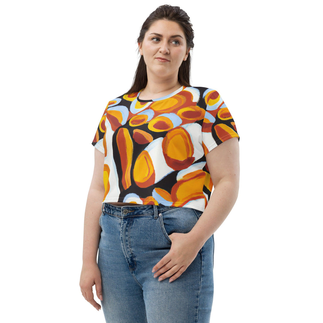 Womens Stretch Fit Crop Tee T-shirt Jersey - Orange Black White Geometric