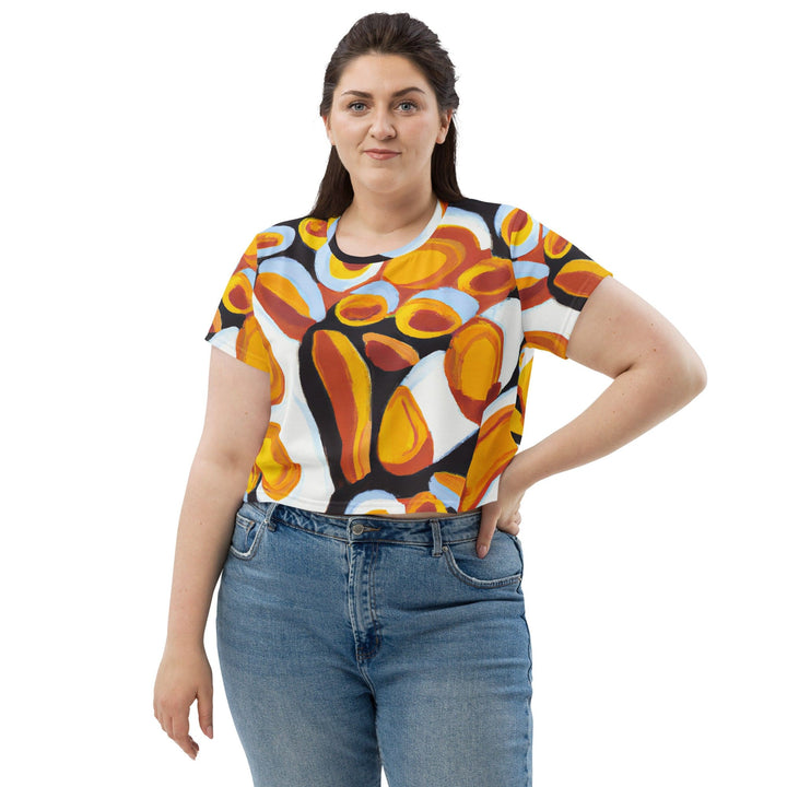 Womens Stretch Fit Crop Tee T-shirt Jersey - Orange Black White Geometric