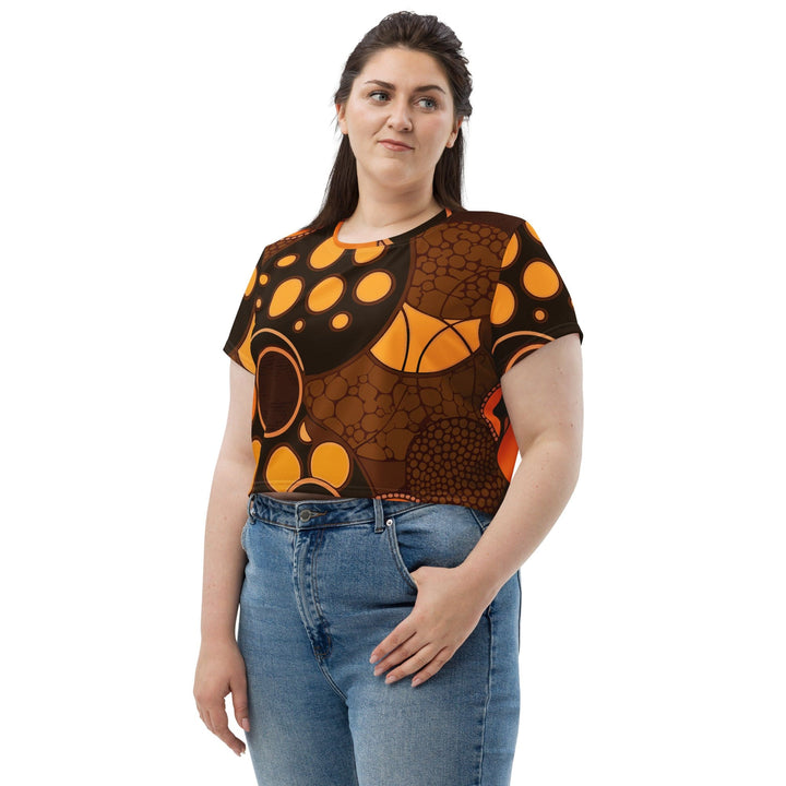 Womens Stretch Fit Crop Tee T-shirt Jersey - Orange Brown Spotted Print