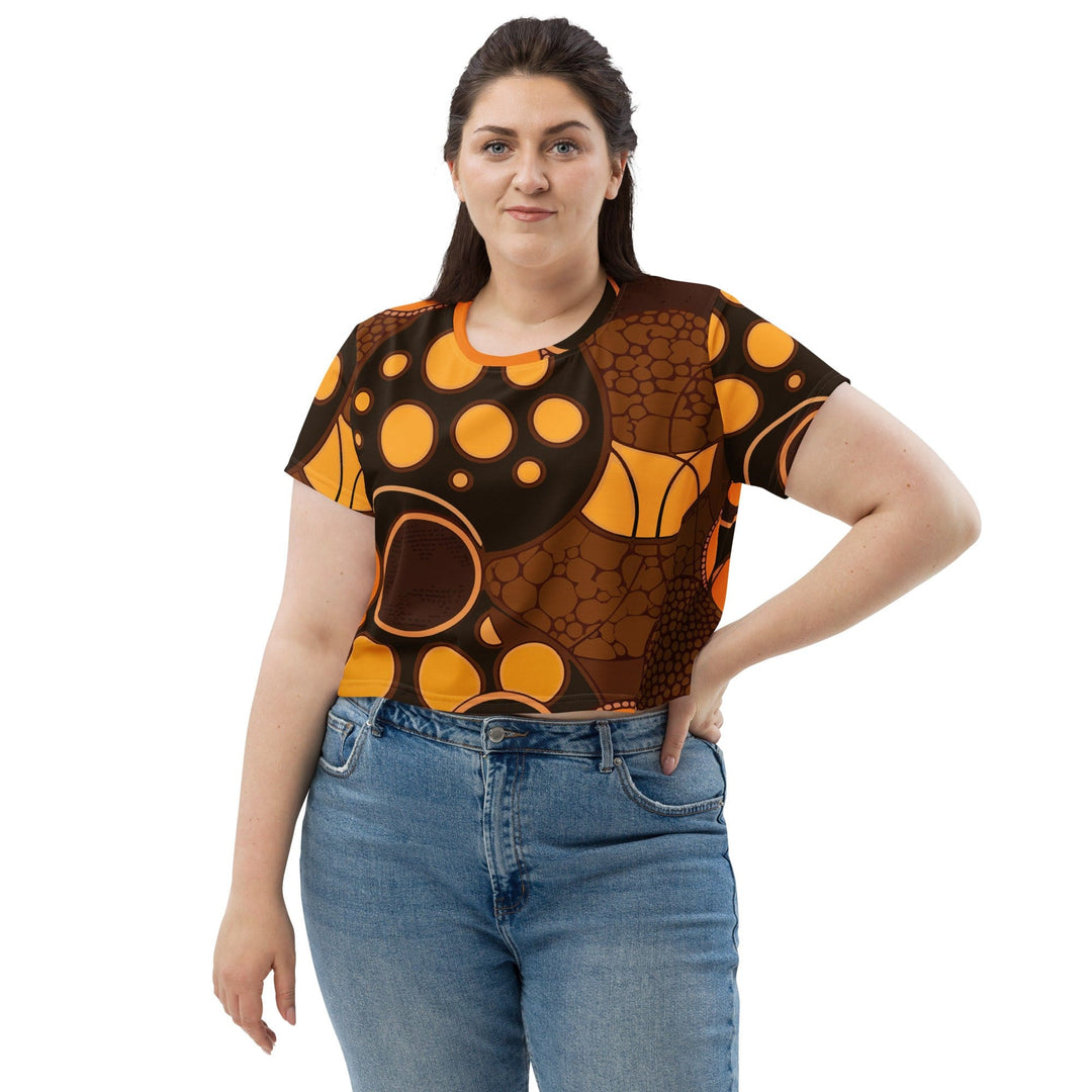 Womens Stretch Fit Crop Tee T-shirt Jersey - Orange Brown Spotted Print