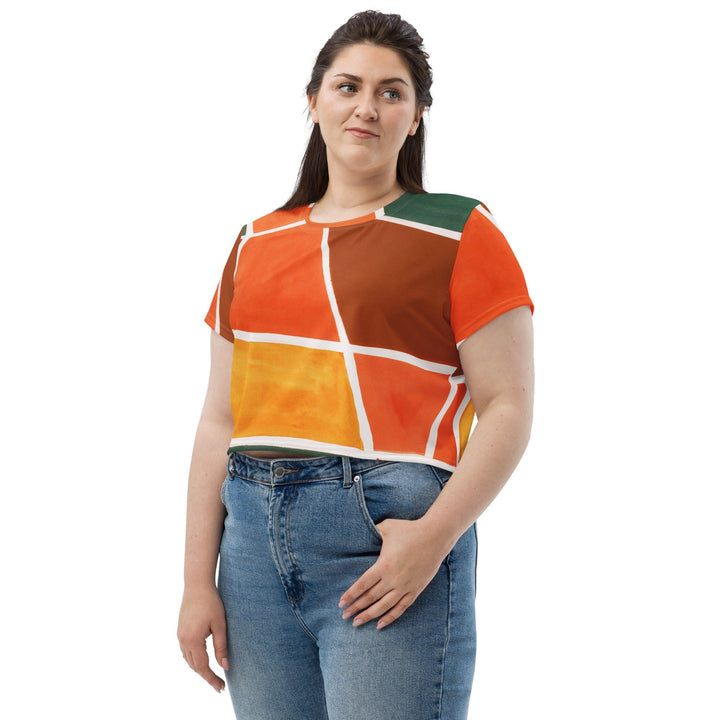 Womens Stretch Fit Crop Tee T-shirt Jersey - Orange Green Boho Pattern