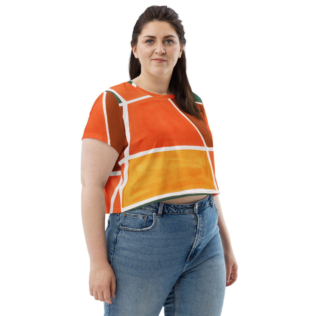Womens Stretch Fit Crop Tee T-shirt Jersey - Orange Green Boho Pattern
