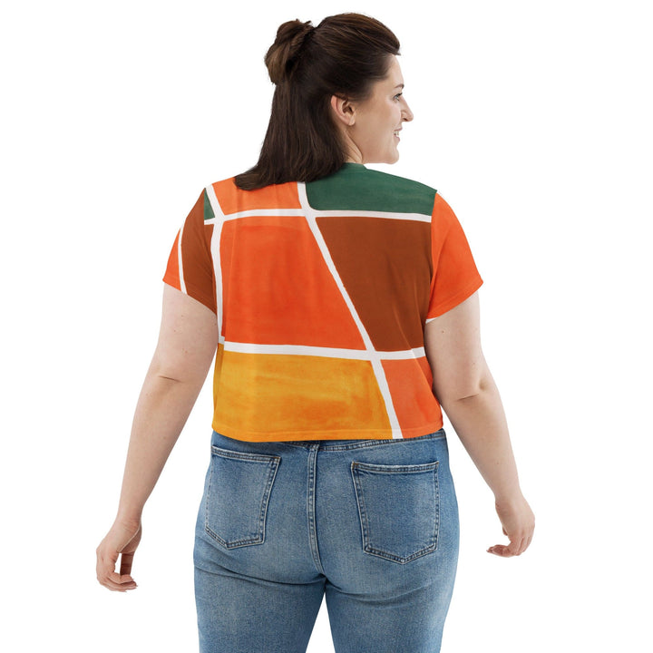 Womens Stretch Fit Crop Tee T-shirt Jersey - Orange Green Boho Pattern