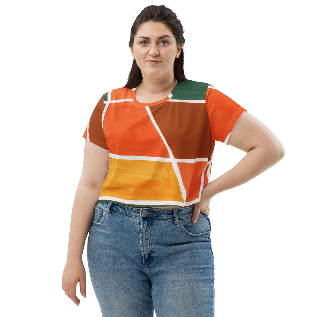 Womens Stretch Fit Crop Tee T-shirt Jersey - Orange Green Boho Pattern