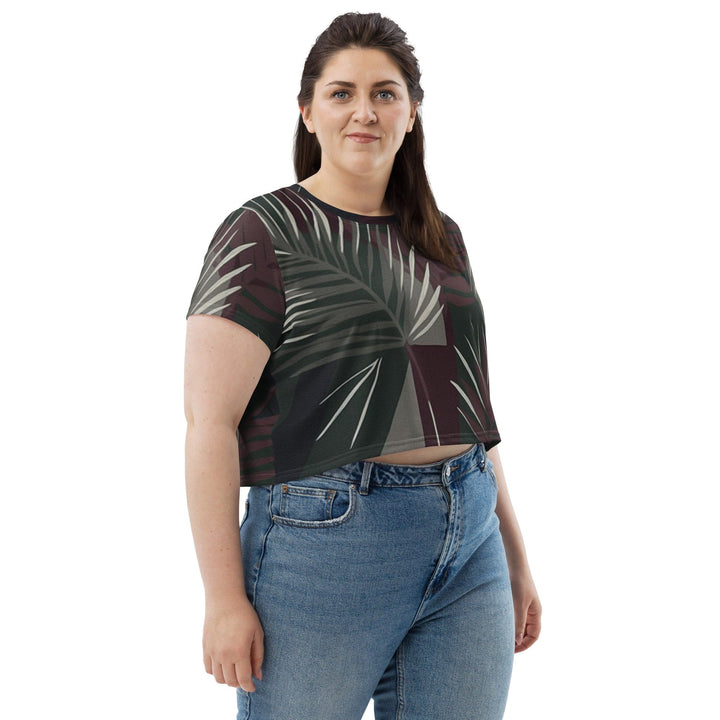 Womens Stretch Fit Crop Tee T-shirt Jersey - Palm Tree Leaves Maroon Green