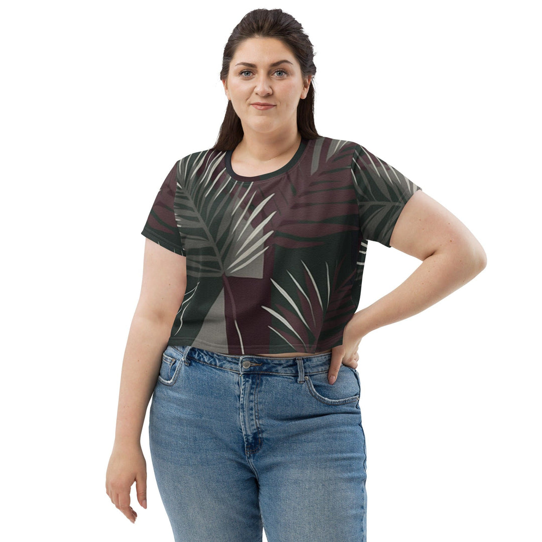 Womens Stretch Fit Crop Tee T-shirt Jersey - Palm Tree Leaves Maroon Green