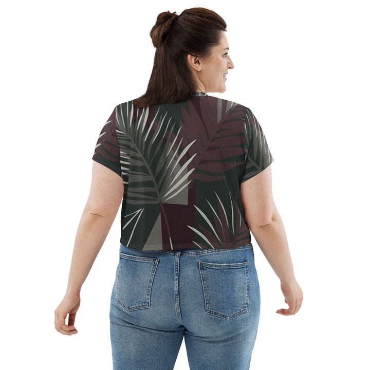 Womens Stretch Fit Crop Tee T-shirt Jersey - Palm Tree Leaves Maroon Green