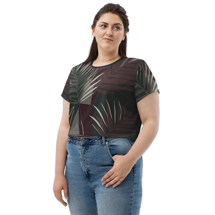Womens Stretch Fit Crop Tee T-shirt Jersey - Palm Tree Leaves Maroon Green
