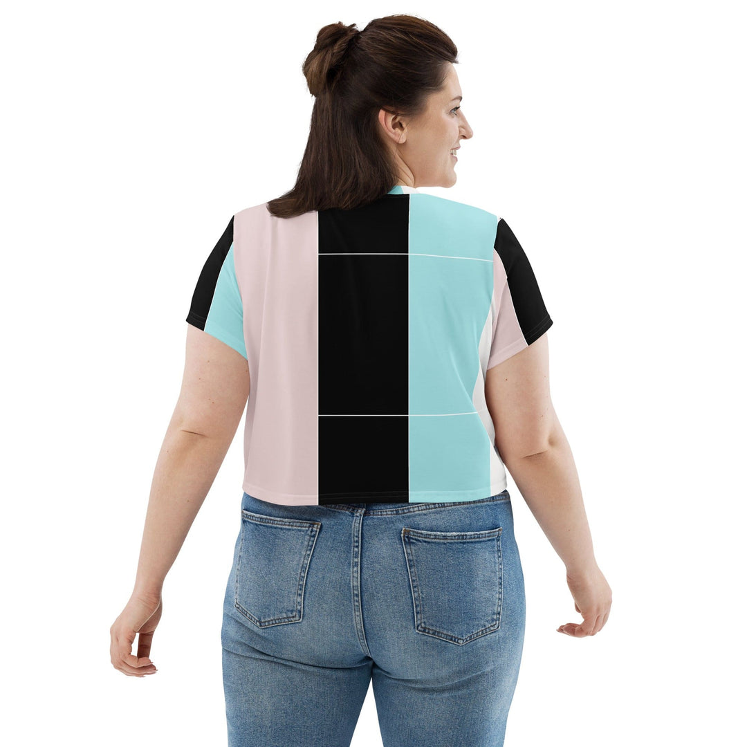 Womens Stretch Fit Crop Tee T-shirt Jersey - Pastel Pink Black Blue Colorblock